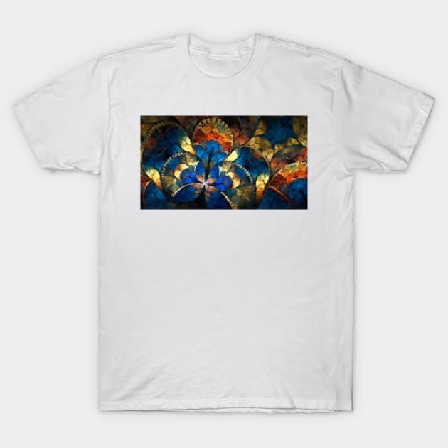 Abstract Blue Gold Geometric Patterns T-Shirt by druidwolfart